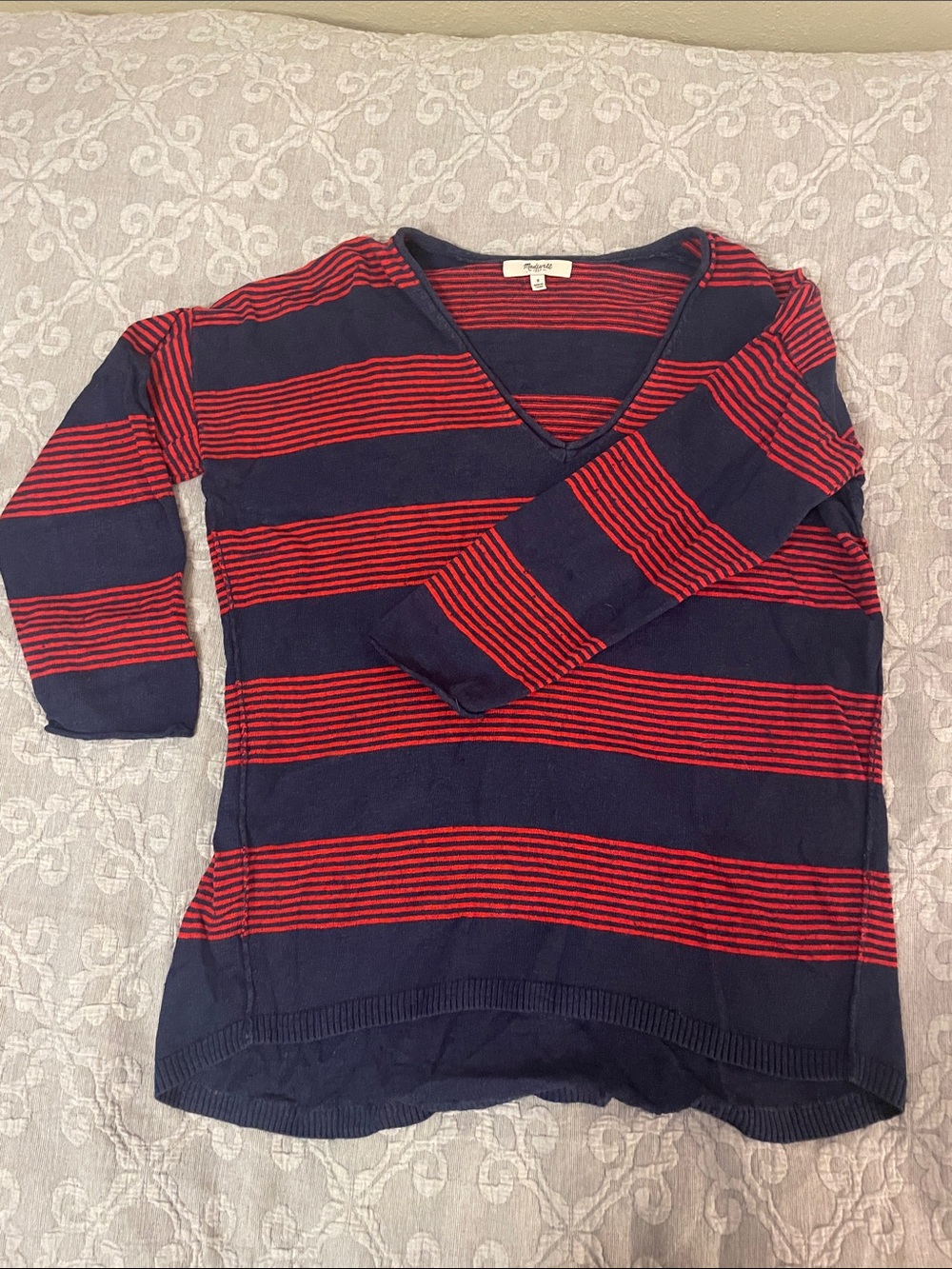 Madewell Navy and Red Striped V-Neck Long Sleeve Top